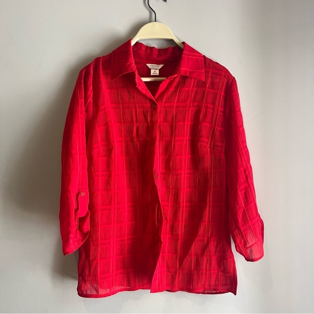 Red 3/4 Sleeve textured button up women’s Medium Christopher & Banks